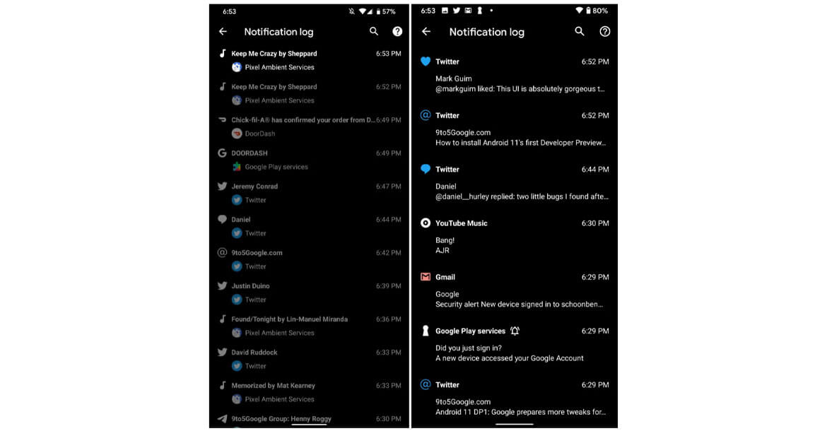 android 11 avisering historik beta
