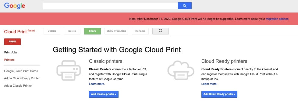 google cloud print shutdown service